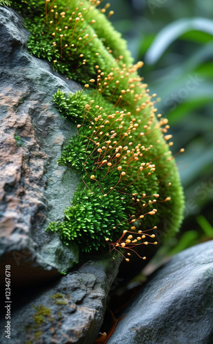 a moss growing on a rock in the woods