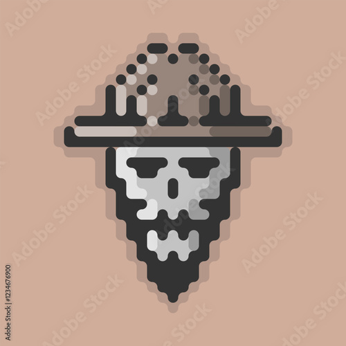 A pixel art of a bearded skull wearing a wide brim hat. The pixelated style adds a retro or vintage feel and could be used as a symbol for death, danger, or adventure.