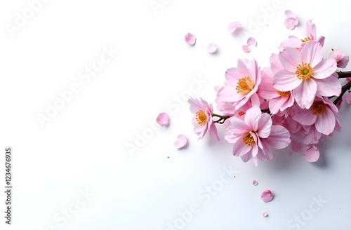 Pink cherry blossom on white background. Copy space. Floral card. photo