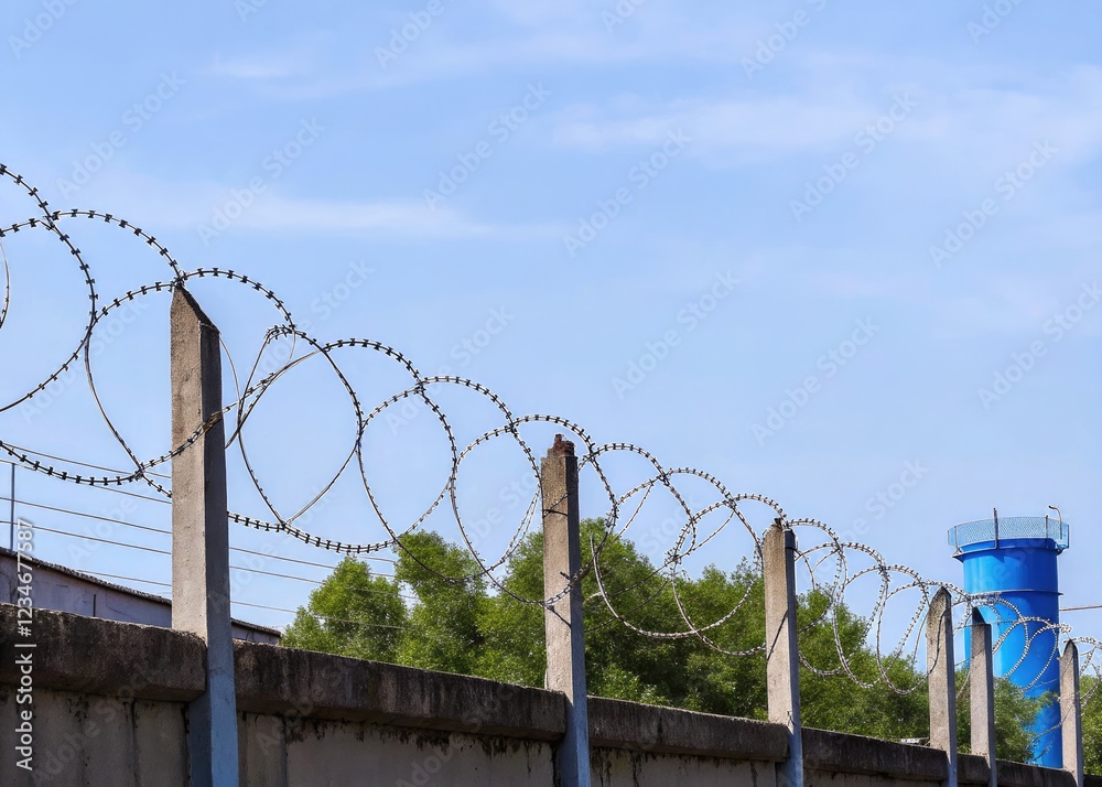 Concrete Fence Topped With Barbed Wire Against a Blue Sky. Generative AI Concrete Fence Topped With Barbed Wire Against a Blue Sky. Generative AI