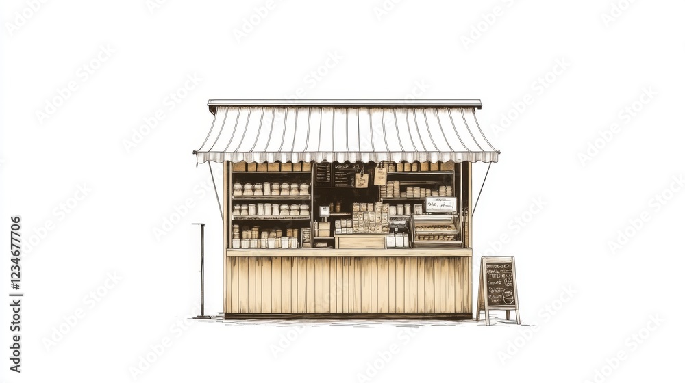 Hand-drawn illustration of a quaint wooden food stall with striped awning, shelves stocked with goods, and a chalkboard menu sign. Hand-drawn illustration of a quaint wooden food stall with striped awning, shelves stocked with goods, and a chalkboard menu sign.