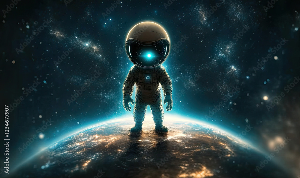 Obraz premium Futuristic Astronaut Standing on a Glowing Earth with Starry Galaxy Background