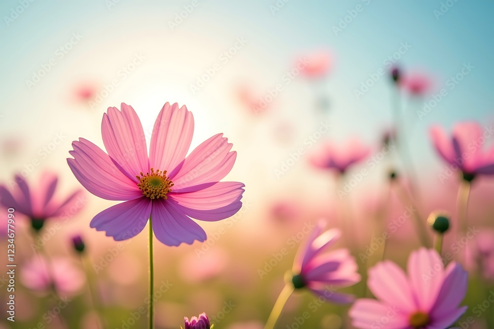 Beautiful pink cosmos flowers in a field at sunset soft light bloom plant image macro scene flora Beautiful pink cosmos flowers in a field at sunset soft light bloom plant image macro scene flora
