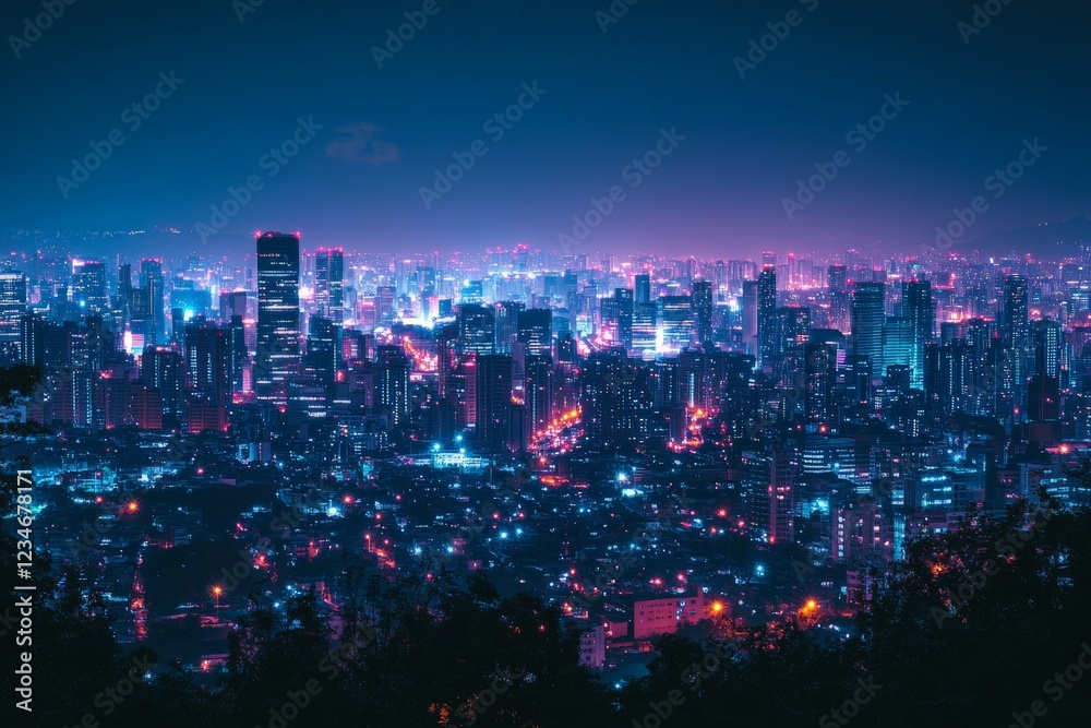 Fototapeta premium City skyline illuminated at night with vibrant lights and a bustling atmosphere