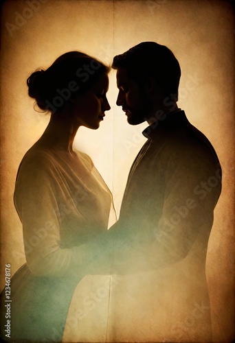 Silhouette of Couple in Close Embrace Against Sepia Background