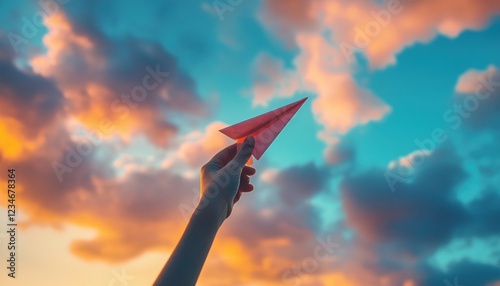 Paper Airplane Ascending Towards the Dreamy Sunset Sky of Possibilities