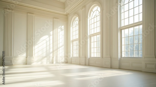 Pristine White Space with High Ceilings Illuminated by Natural Light Through Large Windows