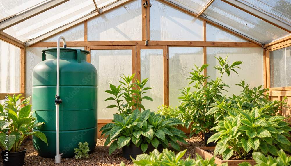 Rain barrel setup with plants in greenhouse, sustainable gardening Rain barrel setup with plants in greenhouse, sustainable gardening
