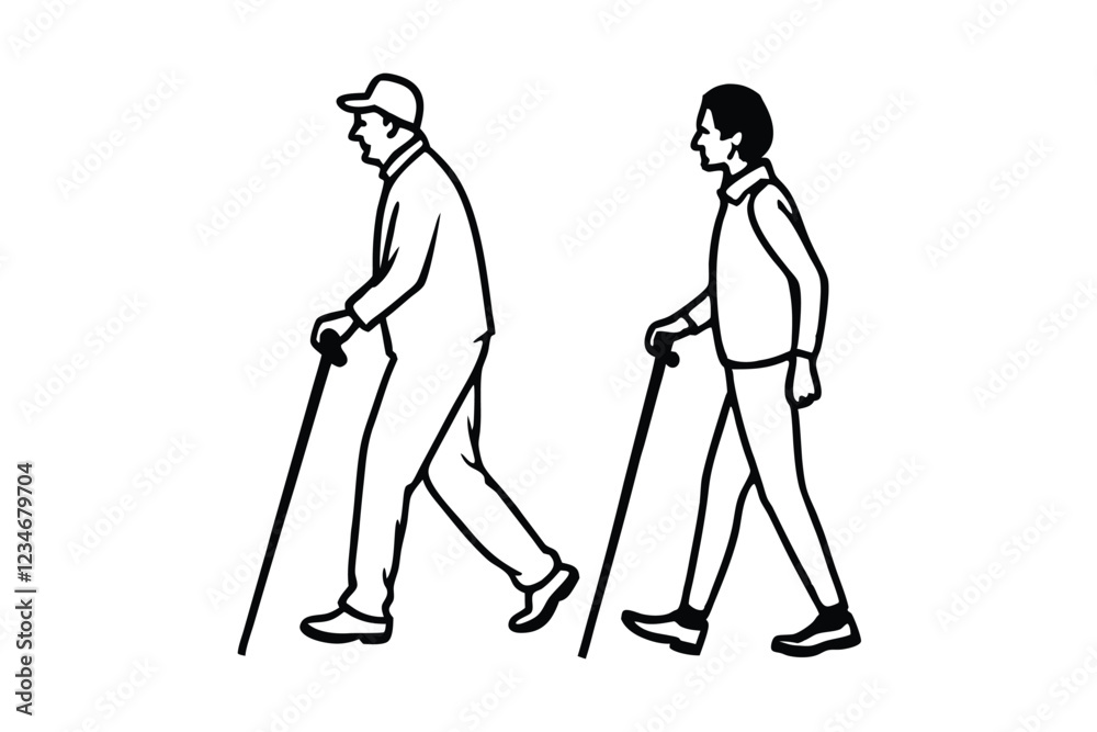 Obraz premium elderly people walking with stick isolated on white