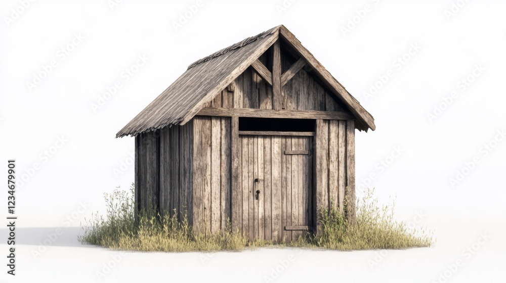 Rustic wooden shed with weathered planks, gabled roof, single door, surrounded by dry grass on white background. Rustic wooden shed with weathered planks, gabled roof, single door, surrounded by dry grass on white background.