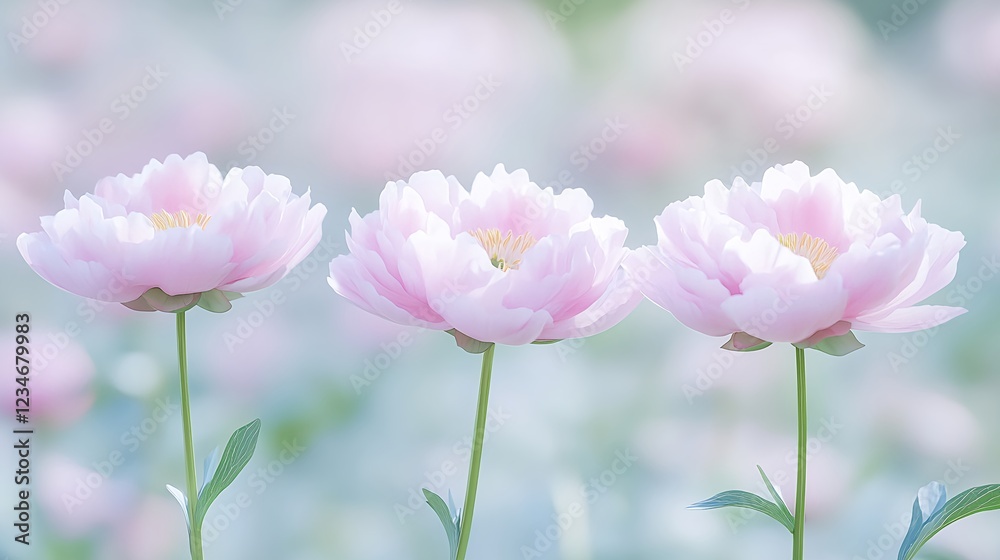 Serene Garden Scene with Blooming Pastel Peonies in Soft Light Serene Garden Scene with Blooming Pastel Peonies in Soft Light