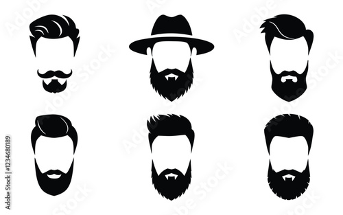 Hipster detailed hair and beards set. Fashion bearded man silhouette. Black beard isolated on white background. Vector illustration