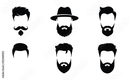 Hipster detailed hair and beards set. Fashion bearded man silhouette. Black beard isolated on white background. Vector illustration