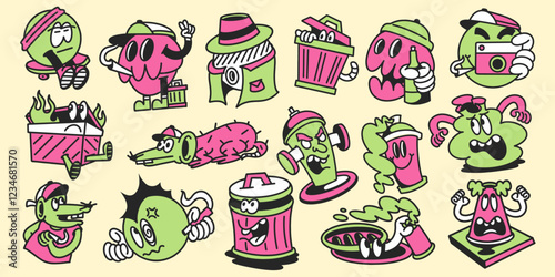 Funny Cartoon Character set. Quirky illustration vector bundle. Trendy cartoon stickers, t-shirt design, element packs. Urban graphic 