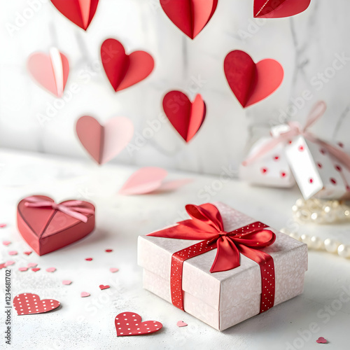 Romantic valentines day gift box with red hearts decorations bow love pink cute paper sweet image photo