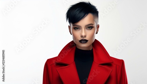 a brunette woman with short shaved hair wearing a red coat on a light grey background, fashion photography, fall winter collection
