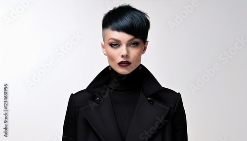 a brunette woman with short shaved hair wearing a  black coat on a light grey background, fashion photography, fall winter collection