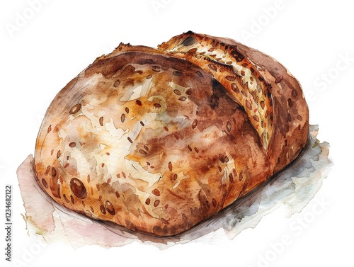 Watercolor illustration of a loaf of barley bread clipart photo