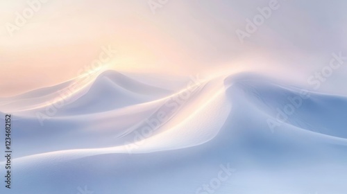 Serene Snowy Dunes at Sunrise with Soft Pastel Colors and Gentle Light Creating a Tranquil Winter Landscape