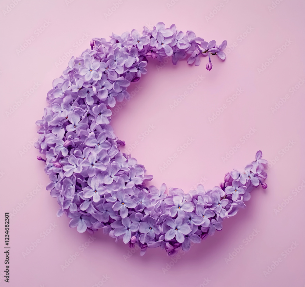 Lilac Crescent Moon Composition on Pink Background