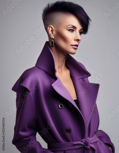 a brunette woman with short shaved hair wearing a purple coat on a grey background, fashion photography, fall winter collection