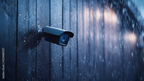 Atmospheric Shot of Security Camera Installed on Exterior Wall with Rain Falling in Soft Focus Background