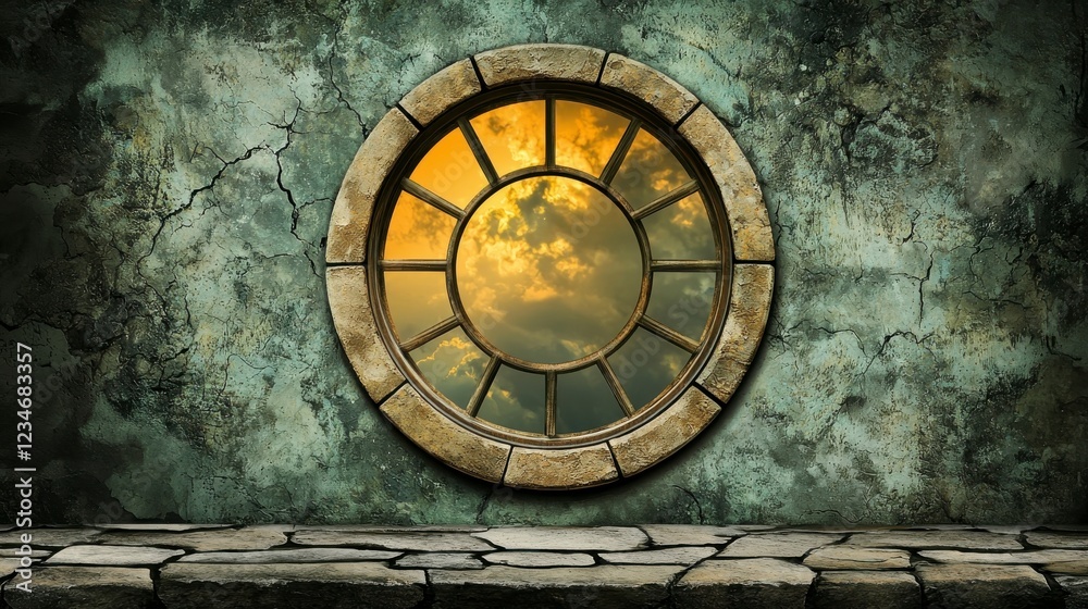 Circular Window with Stone Frame Overlooking Dramatic Cloudy Sky in Grungy Interior Setting