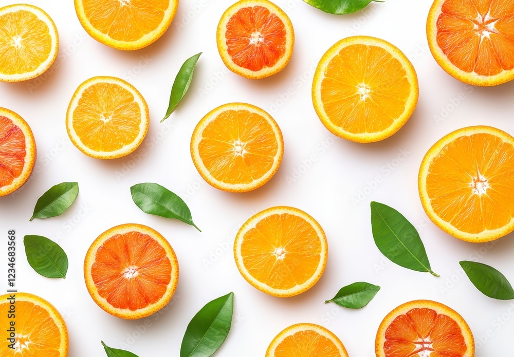 Vibrant flatlay featuring orange slices and green leaves arranged on a white background. A refreshing and healthy image perfect for food blogs or Vibrant flatlay featuring orange slices and green leaves arranged on a white background. A refreshing and healthy image perfect for food blogs or
