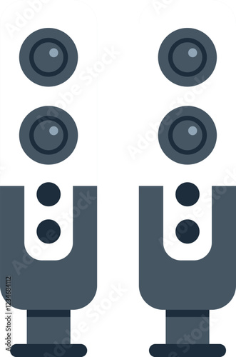 Illustration of two audio speakers with multiple drivers, standing on the floor, delivering high quality sound