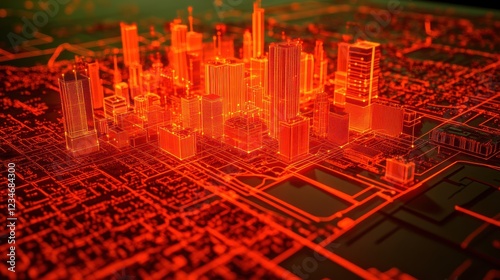 Red glowing city model, aerial view, urban planning, futuristic background