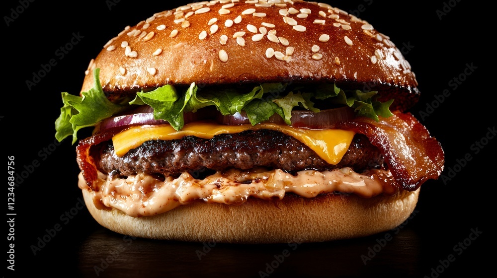 Delicious cheeseburger with crispy bacon lettuce onion and melted cheese on a sesame seed bun against black background