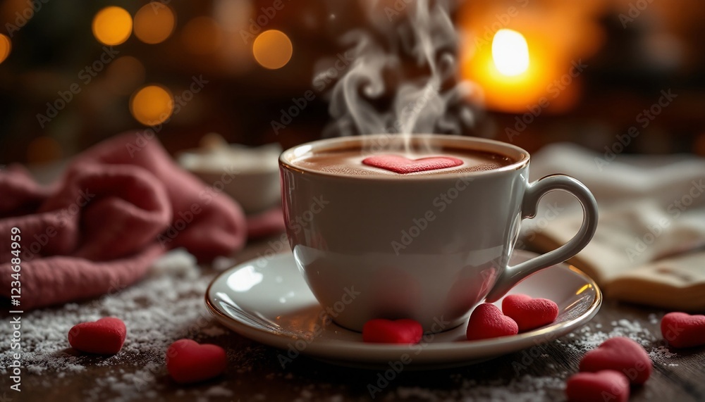 Obraz premium Valentine Hot Chocolate with Heart-Shaped Marshmallow and Candies