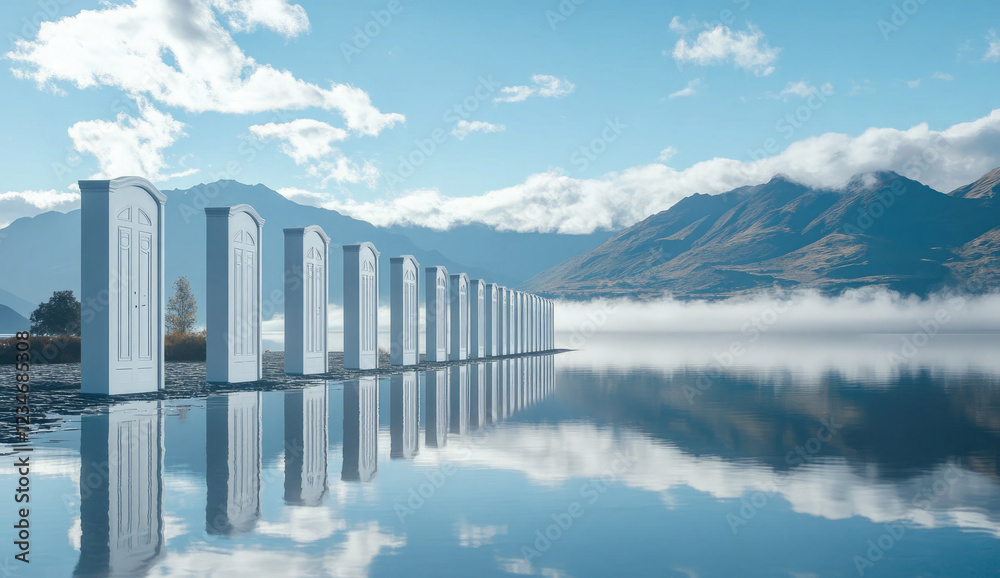 Fototapeta premium Surreal Row of White Doors by a Scenic Mountain Lake Under a Blue Sky