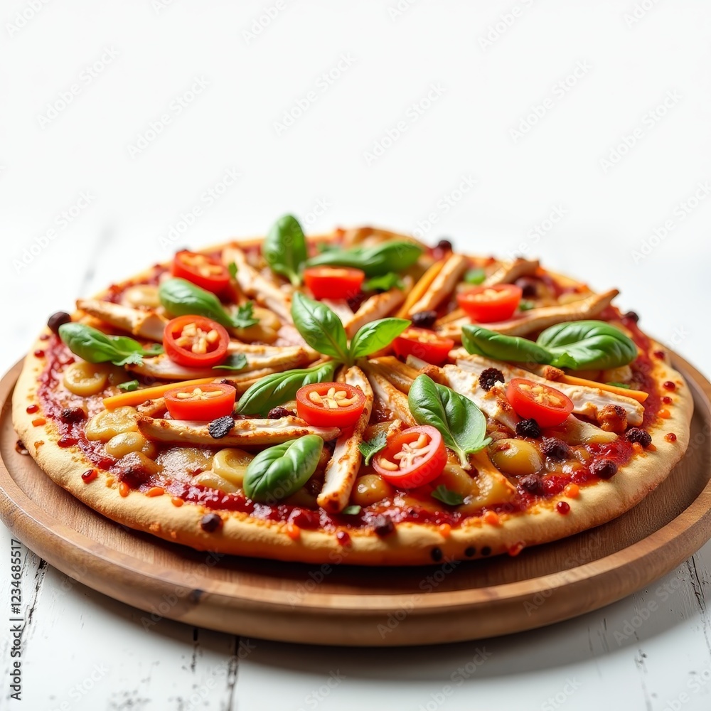 A savory flatbread topped with tomato sauce, cheese, and various toppings A savory flatbread topped with tomato sauce, cheese, and various toppings