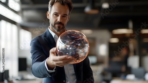 Innovative Businessman in Modern Office Setting Holding a Transparent Sphere with Digital Elements