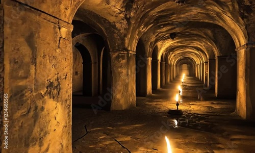 Dark Underground Tunnel With Stone Arches And Candlelight