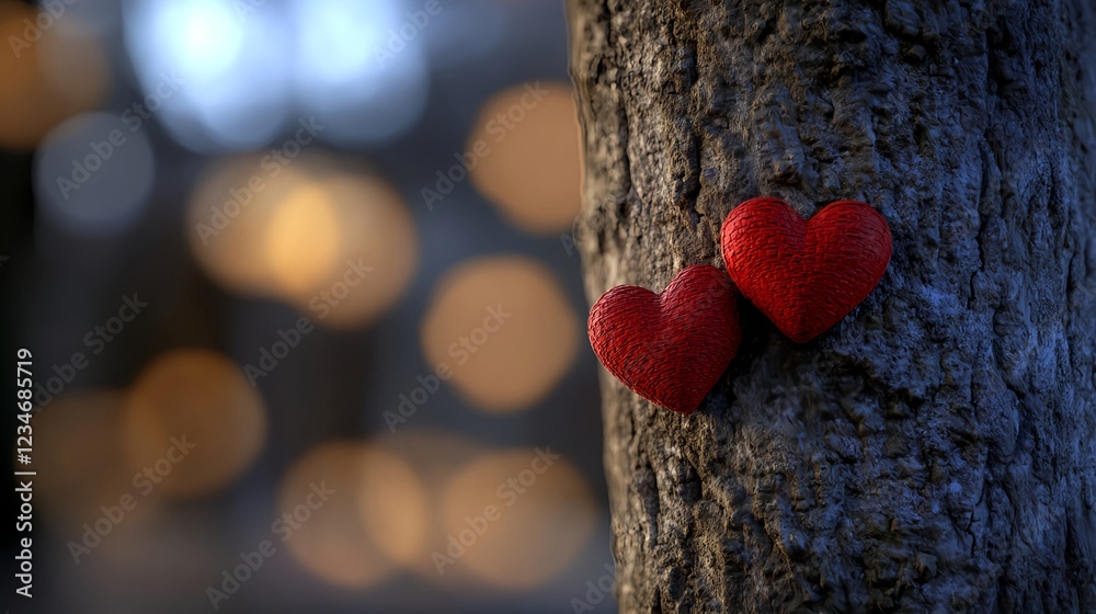 Fototapeta premium Whimsical Illustration of Two Hearts Growing on a Tree Trunk