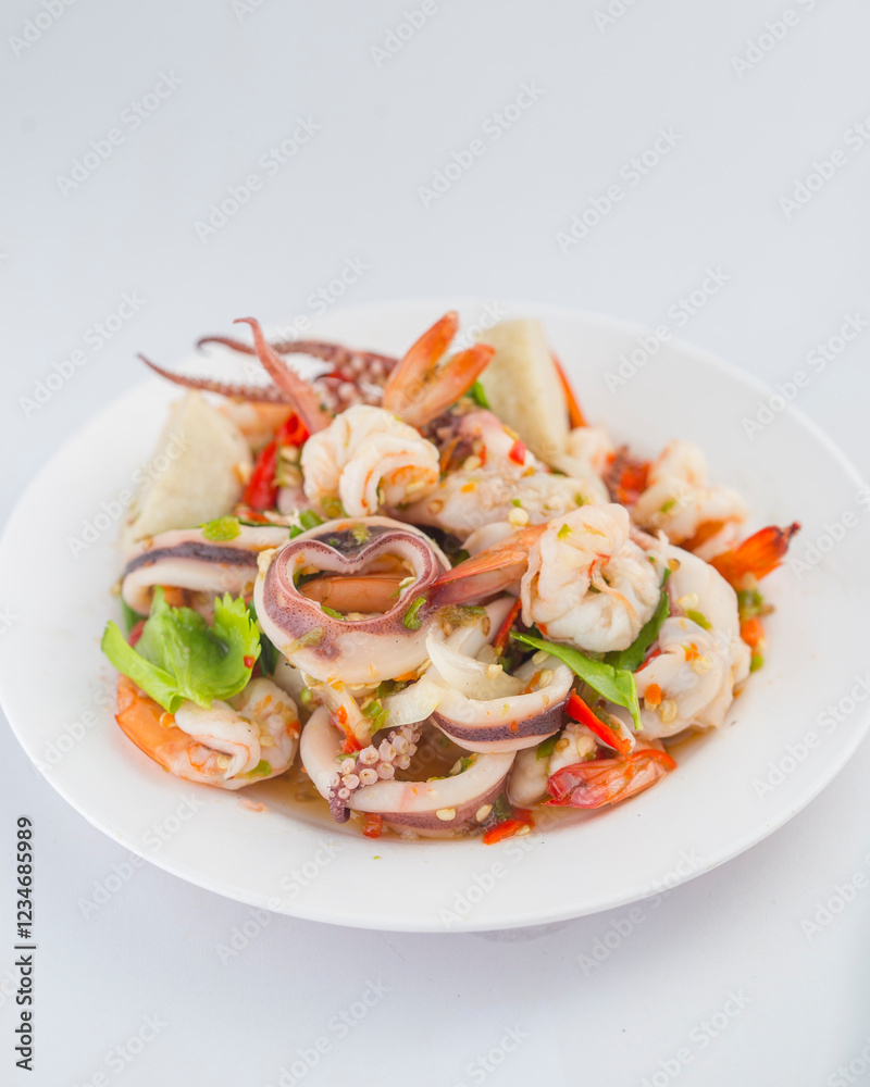 Fresh Seafood Platter with Squid, Prawns, and Spicy Garnish Fresh Seafood Platter with Squid, Prawns, and Spicy Garnish