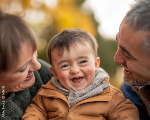 Happy baby smiling with parents in a warm autumn setting