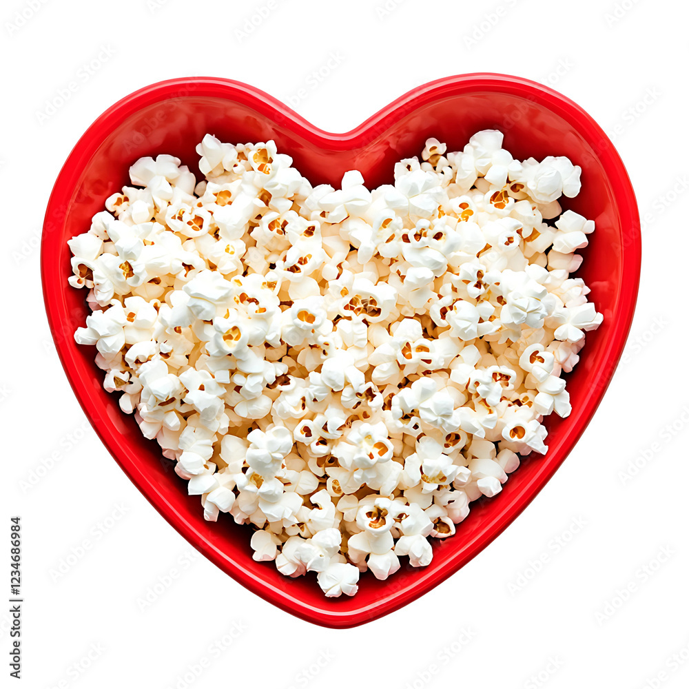 Fresh popcorn in heart shaped bowl isolated on white Fresh popcorn in heart shaped bowl isolated on white