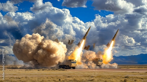 Wide Angle View of Missile Defense System Launching Multiple Missiles photo