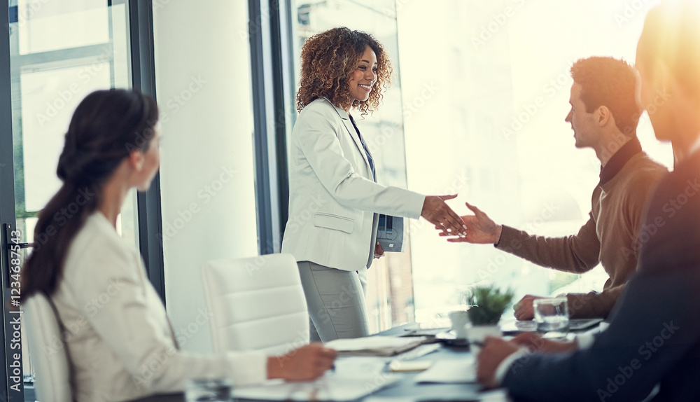 Office, business people and manager with handshake for welcome, meeting and b2b deal in accounting firm. Flare, employees and accountants with shaking hands for partnership, introduction and greeting Office, business people and manager with handshake for welcome, meeting and b2b deal in accounting firm. Flare, employees and accountants with shaking hands for partnership, introduction and greeting