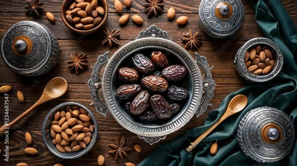 Dates and nuts on a wooden table, for the theme of Muslim's month of Fasting, Ramadan Kareem, Ramzan, Eid etc Dates and nuts on a wooden table, for the theme of Muslim's month of Fasting, Ramadan Kareem, Ramzan, Eid etc
