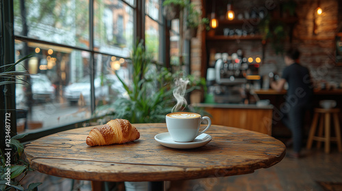 Pause Café avec Croissant sur Table en Bois
