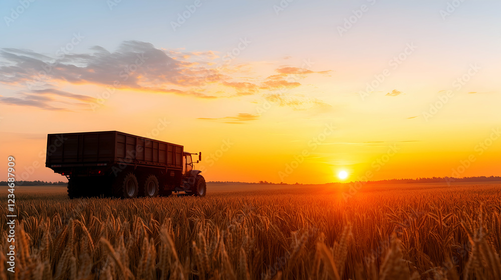Fototapeta premium Tractor harvesting wheat at sunrise, rural field