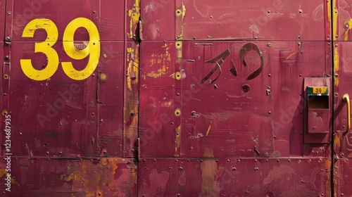 Burgundy wall with number 39 written in bright yellow. Copy space