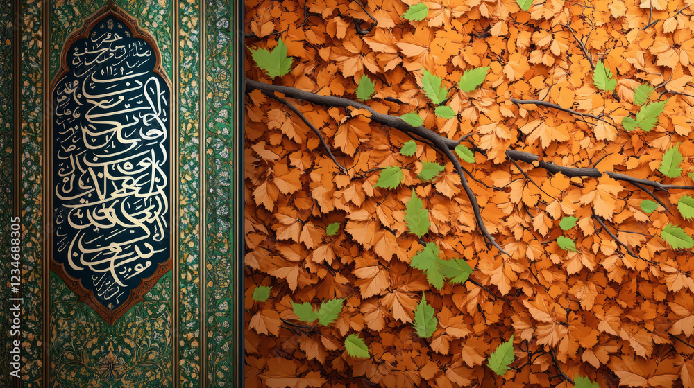 abstract islamic calligraphy with autumn leaves: a vibrant digital art illustration of intricate arabic script and fall foliage design blending cultural beauty with seasonal elements