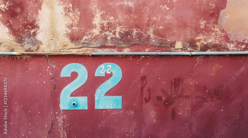 Burgundy wall with number 22 written in light blue. Copy space Burgundy wall with number 22 written in light blue. Copy space