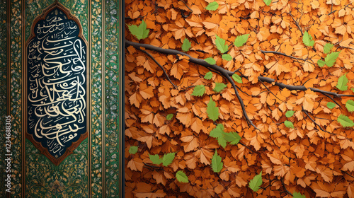 Obraz na płótnie abstract islamic calligraphy with autumn leaves: a vibrant digital art illustration of intricate arabic script and fall foliage design blending cultural beauty with seasonal elements w salonie