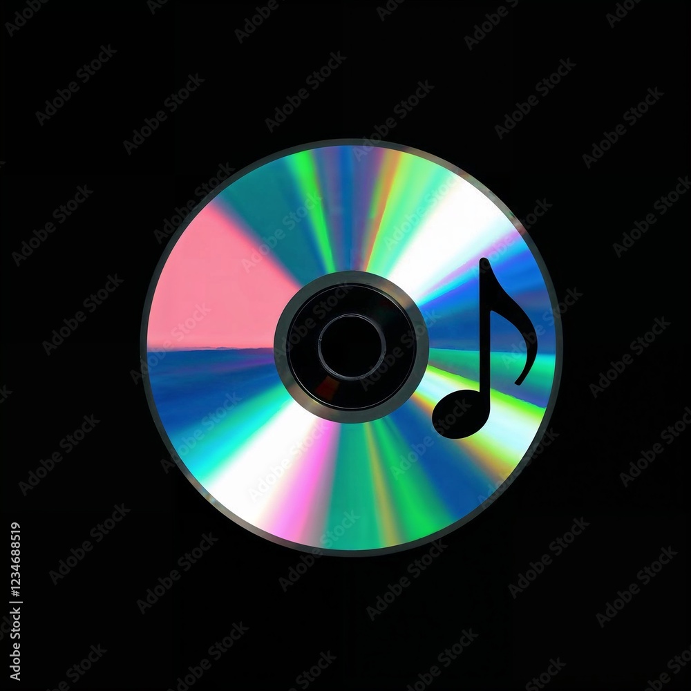 Compact disc (CD) with reflective surface, spectrum of colors, shades of pink, green and blue, silhouette of a note, on a black background. Compact disc (CD) with reflective surface, spectrum of colors, shades of pink, green and blue, silhouette of a note, on a black background.